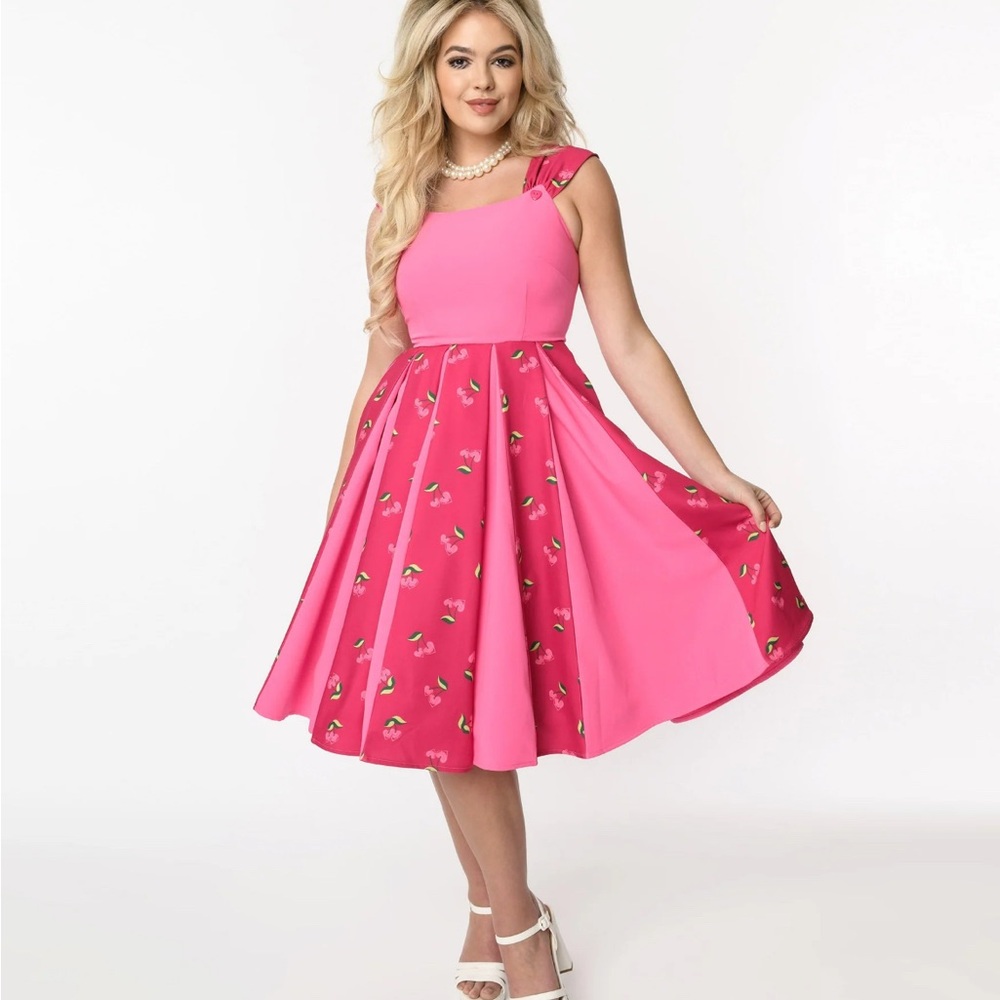 Unique Vintage Hot Pink & Heart Cherry Stripe Swing Dress